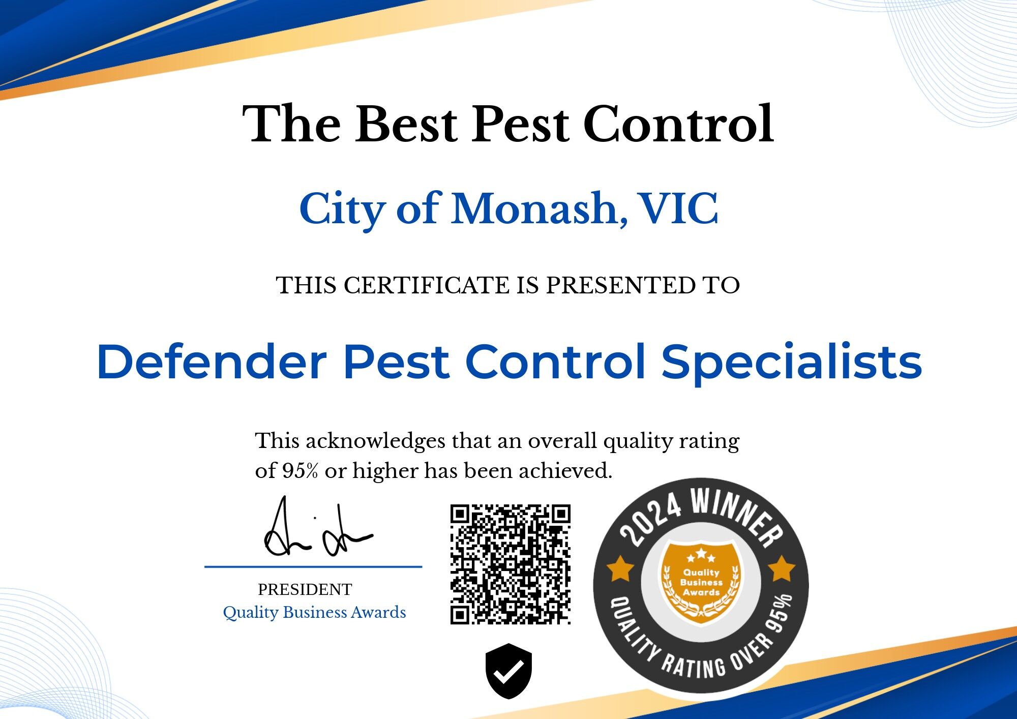 Quality Business Awards Winner Certificate For Pest Control In Melbourne